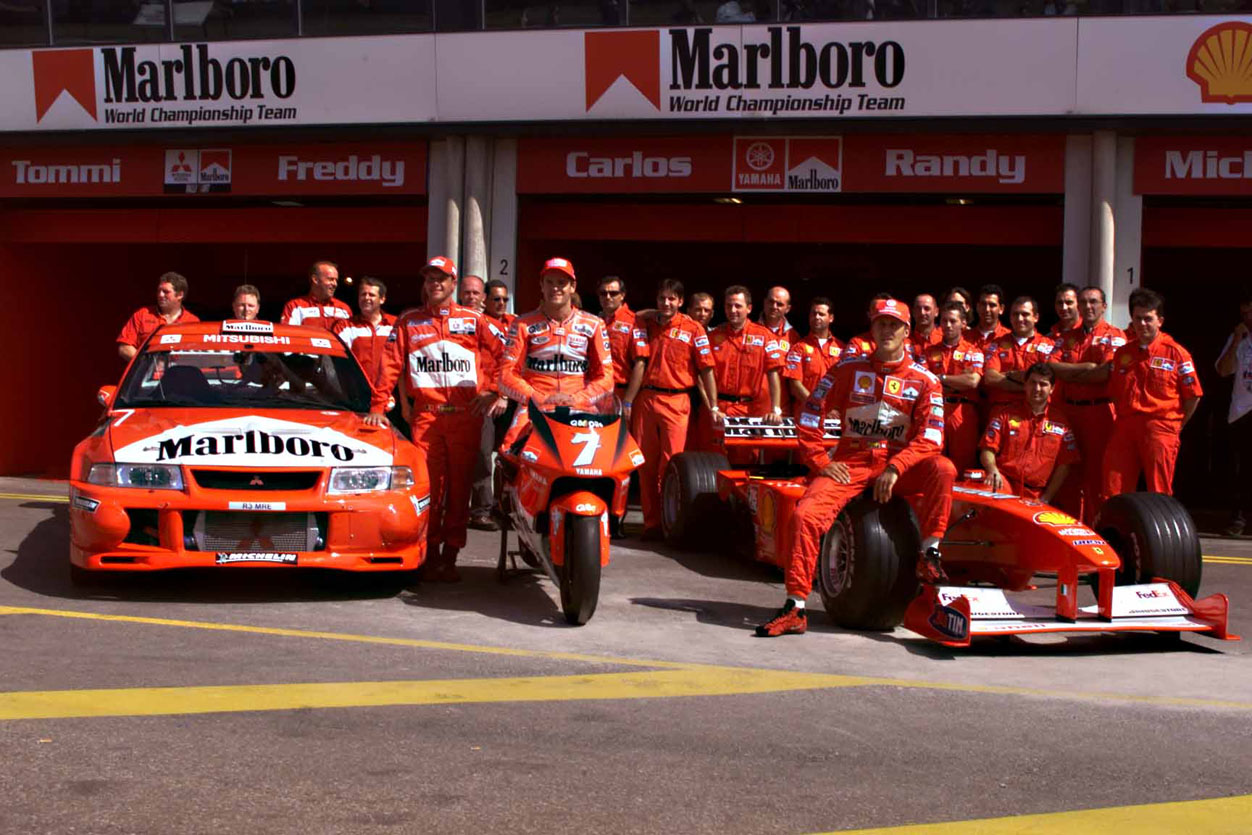 Marlboro Mitsubishi Ralliart driver Freddy Loix (left) with Carlos Checa and Michael Schumacher (right)